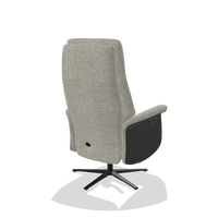 Recliner Atlas 6685 in Taurus 01 fabric (greige), black wood side panels, black metal base, back angled view