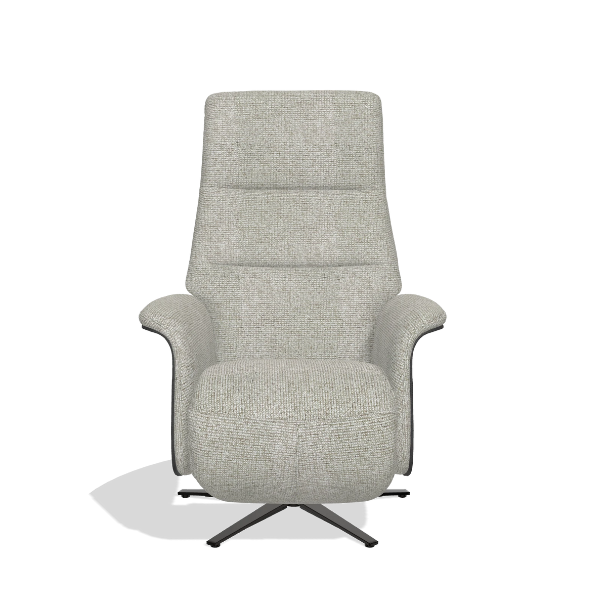 Recliner Atlas 6685 in Taurus 01 fabric (greige), black wood side panels, black metal base, front view