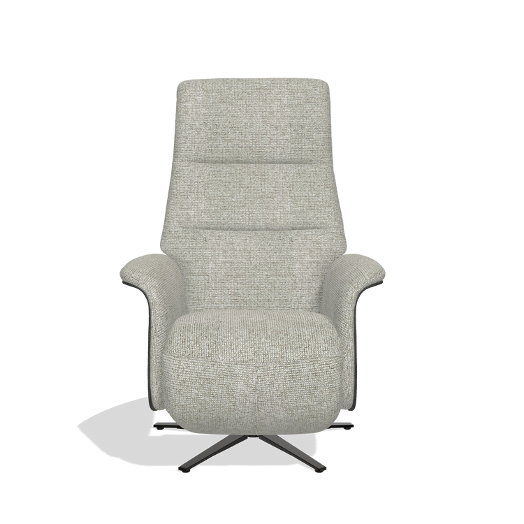 Recliner Atlas 6685 in Taurus 01 fabric (greige), black wood side panels, black metal base, front view