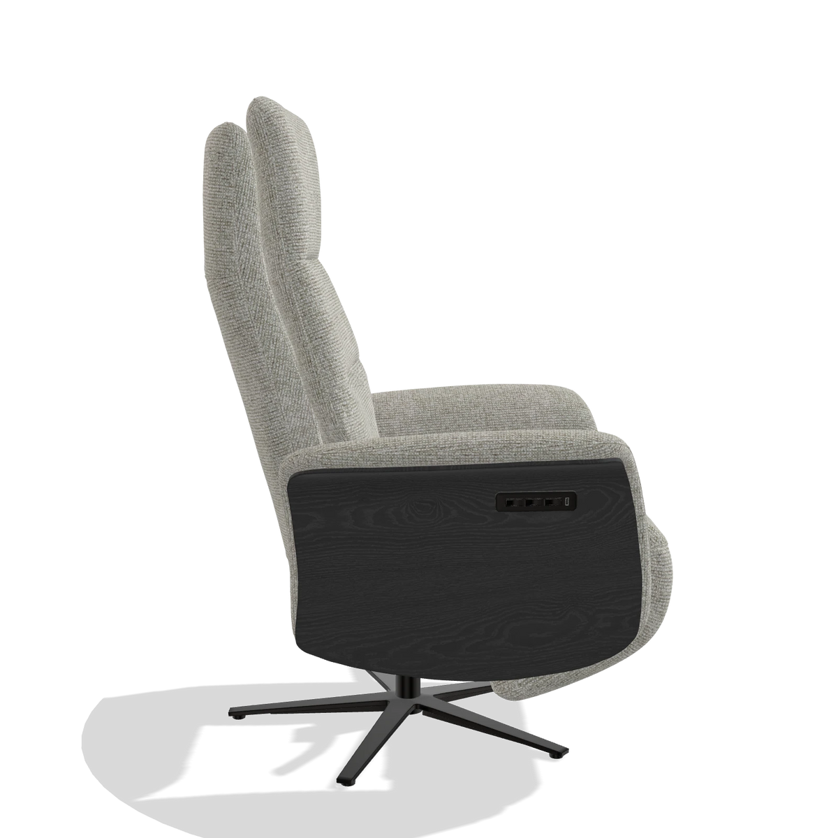 Recliner Atlas 6685 in Taurus 01 fabric (greige), black wood side panels, black metal base, side view