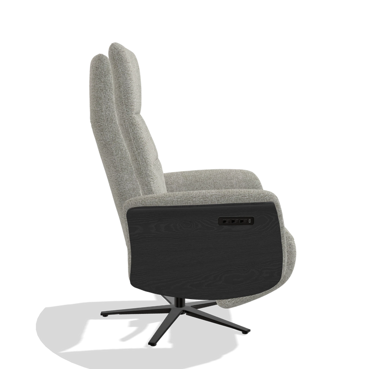 Recliner Atlas 6685 in Taurus 01 fabric (greige), black wood side panels, black metal base, side view