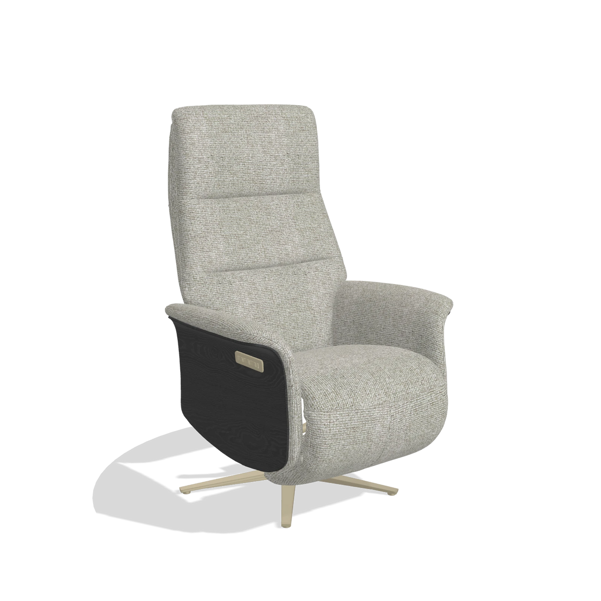 Recliner Atlas 6685 in Taurus 01 fabric (greige), black wood side panels, champagne metal base, angled view