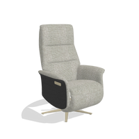 Recliner Atlas 6685 in Taurus 01 fabric (greige), black wood side panels, champagne metal base, angled view