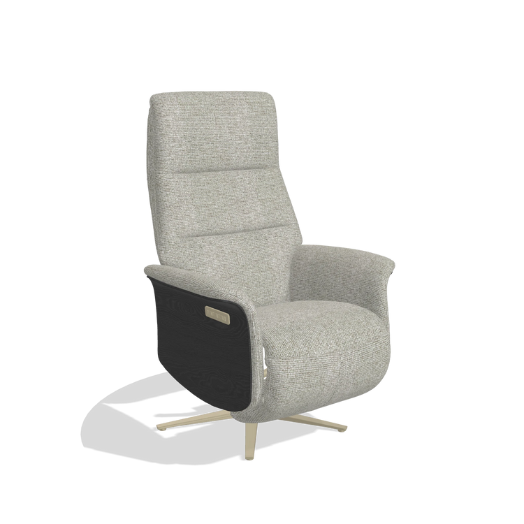 Recliner Atlas 6685 in Taurus 01 fabric (greige), black wood side panels, champagne metal base, angled view