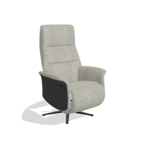 Recliner Atlas 6685 in Taurus 01 fabric (greige), black wood side panels, espresso metal base, angled view