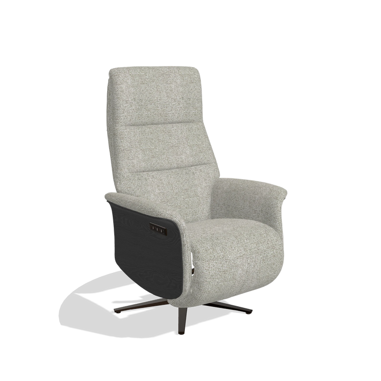 Recliner Atlas 6685 in Taurus 01 fabric (greige), black wood side panels, espresso metal base, angled view