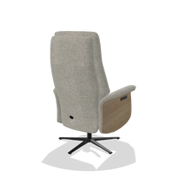 Recliner Atlas 6685 in Taurus 01 fabric (greige), natural wood side panels, black metal base, back angled view
