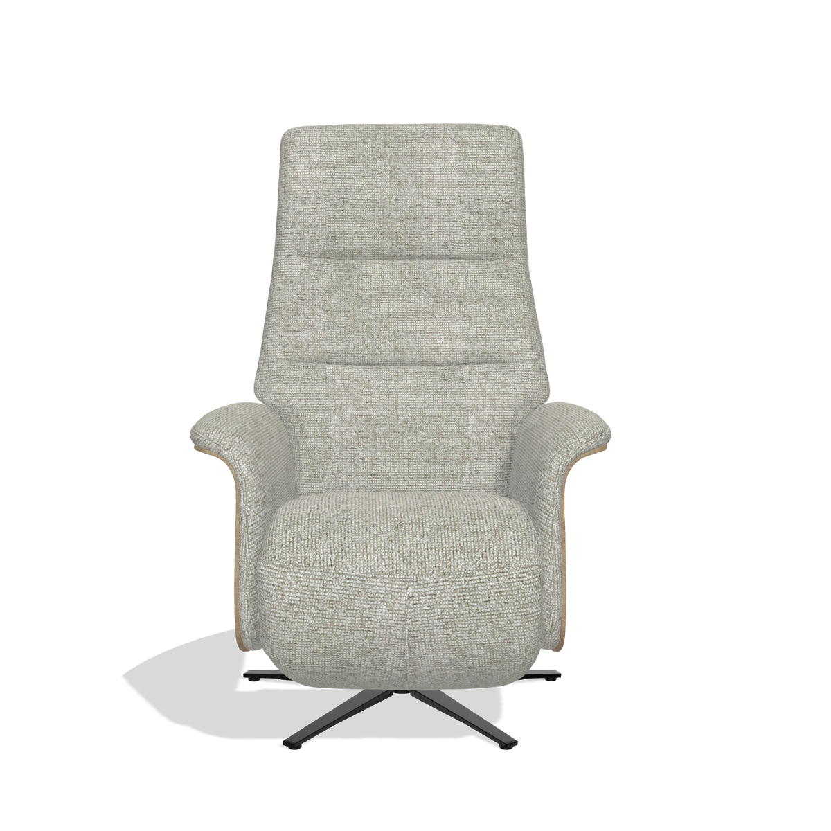 Recliner Atlas 6685 in Taurus 01 fabric (greige), natural wood side panels, black metal base, front view