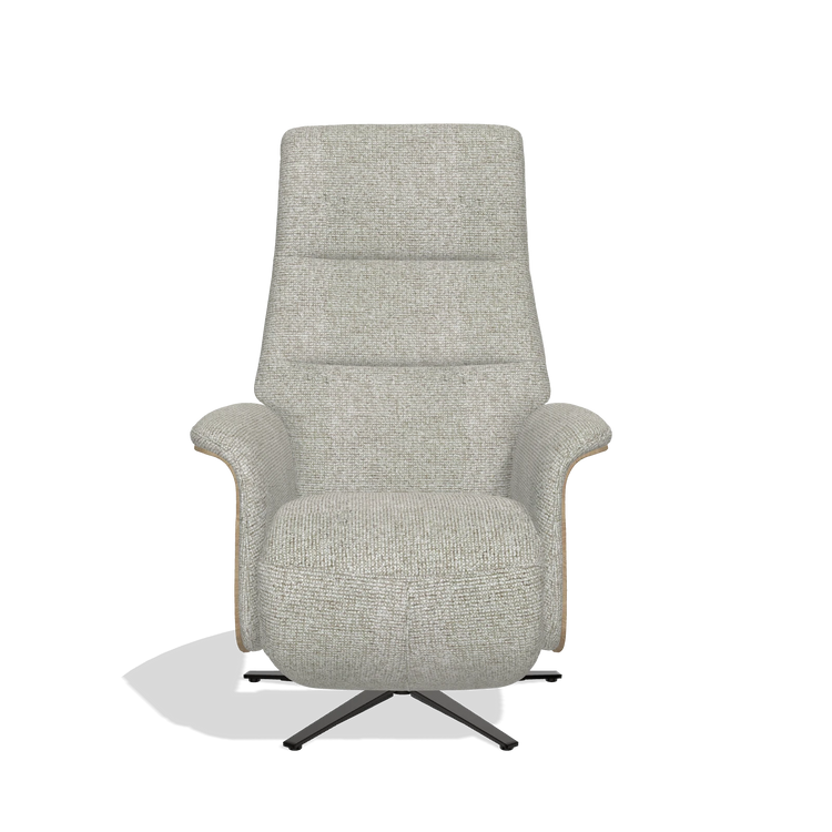 Recliner Atlas 6685 in Taurus 01 fabric (greige), natural wood side panels, black metal base, front view
