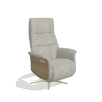 Recliner Atlas 6685 in Taurus 01 fabric (greige), natural wood side panels, champagne metal base, angled view