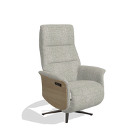 Recliner Atlas 6685 in Taurus 01 fabric (greige), natural wood side panels, espresso metal base, angled view