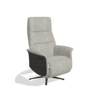 Recliner Atlas 6685 in Taurus 01 fabric (greige), tobacco wood side panels, black metal base, angled view