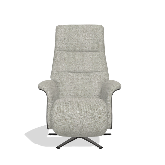Sillón reclinable Atlas 6685 en tela Taurus 01 (greige), paneles laterales de madera en tabaco, base metálica en negro, vista frontal