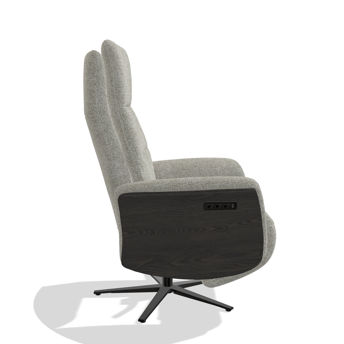 Recliner Atlas 6685 in Taurus 01 fabric (greige), tobacco wood side panels, black metal base, side view