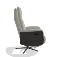 Recliner Atlas 6685 in Taurus 01 fabric (greige), tobacco wood side panels, black metal base, side view