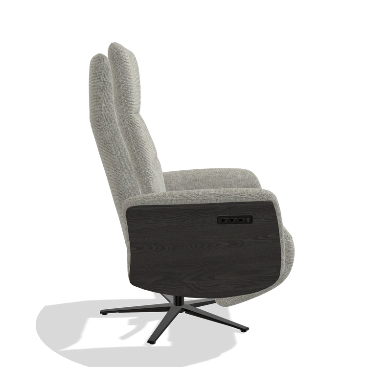 Recliner Atlas 6685 in Taurus 01 fabric (greige), tobacco wood side panels, black metal base, side view