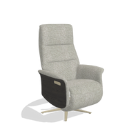Recliner Atlas 6685 in Taurus 01 fabric (greige), tobacco wood side panels, champagne metal base, angled view
