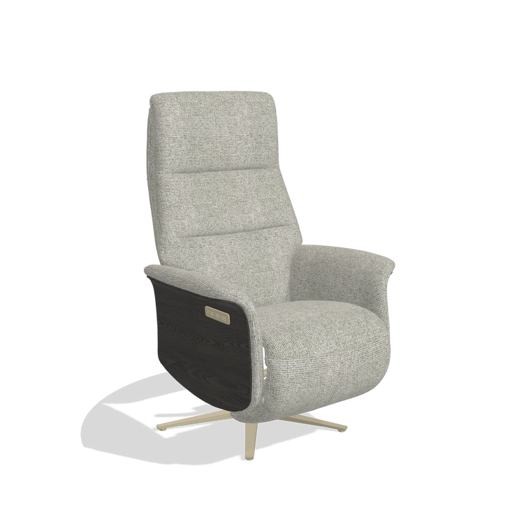 Recliner Atlas 6685 in Taurus 01 fabric (greige), tobacco wood side panels, champagne metal base, angled view
