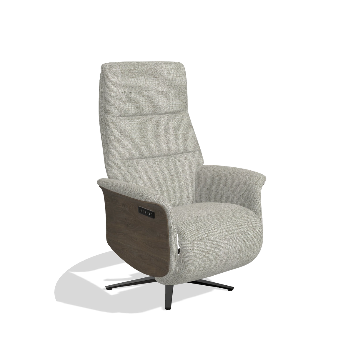 Recliner Atlas 6685 in Taurus 01 fabric (greige), walnut wood side panels, black metal base, angled view
