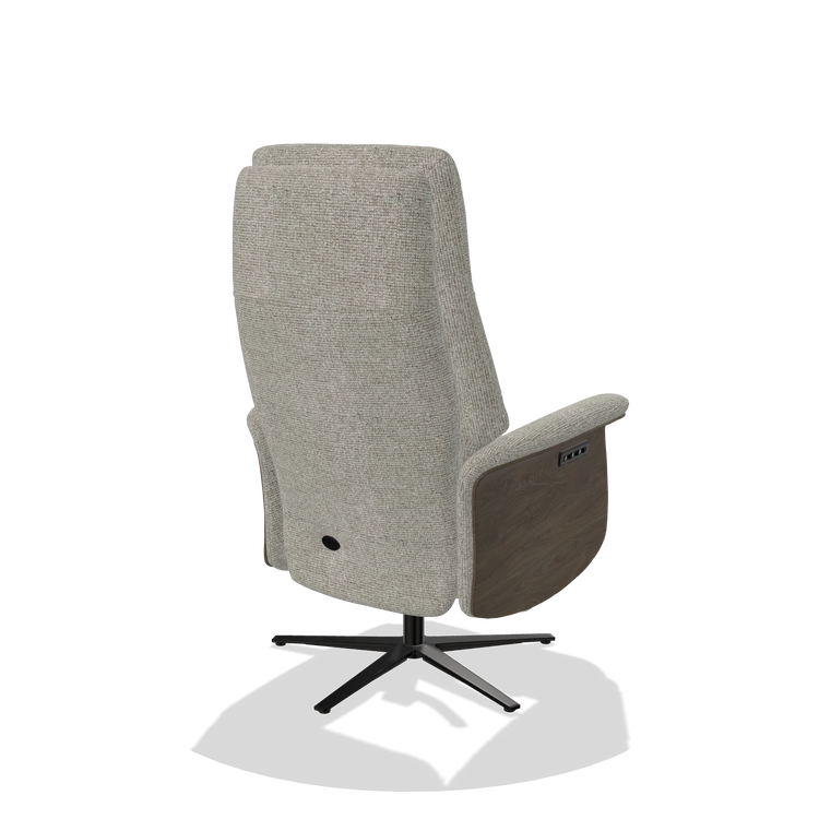 Recliner Atlas 6685 in Taurus 01 fabric (greige), walnut wood side panels, black metal base, back angled view