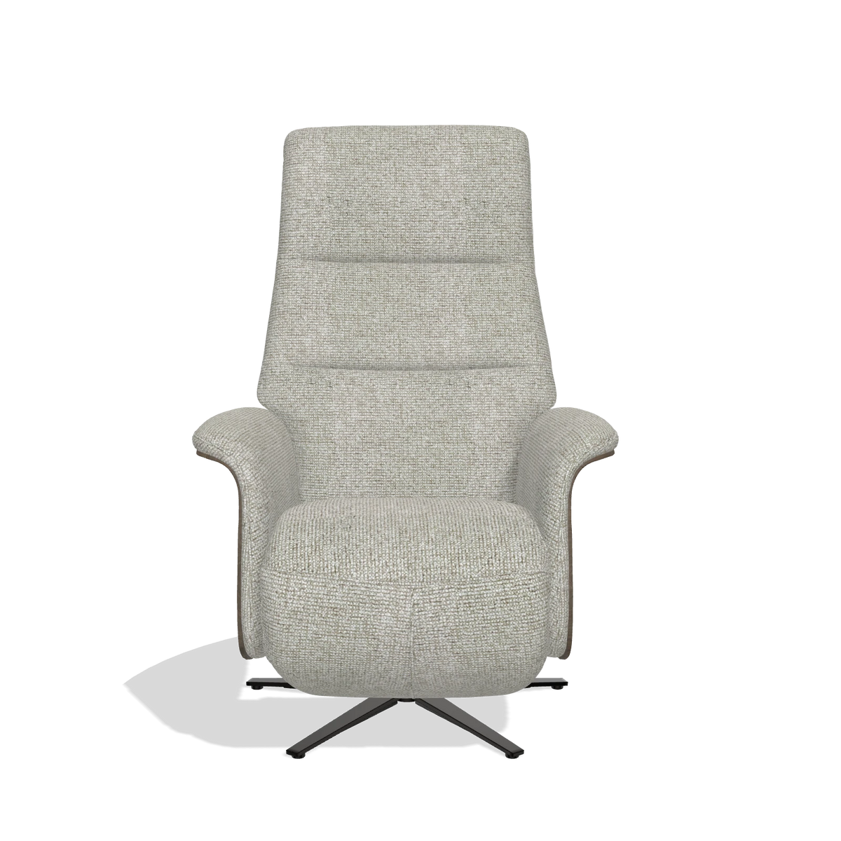 Recliner Atlas 6685 in Taurus 01 fabric (greige), walnut wood side panels, black metal base, front view