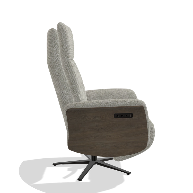 Recliner Atlas 6685 in Taurus 01 fabric (greige), walnut wood side panels, black metal base, side view
