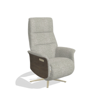 Recliner Atlas 6685 in Taurus 01 fabric (greige), walnut wood side panels, champagne metal base, angled view
