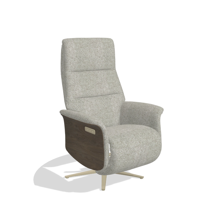 Recliner Atlas 6685 in Taurus 01 fabric (greige), walnut wood side panels, champagne metal base, angled view