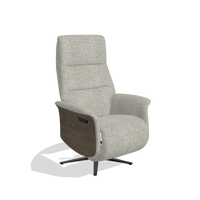 Recliner Atlas 6685 in Taurus 01 fabric (greige), walnut wood side panels, espresso metal base, angled view