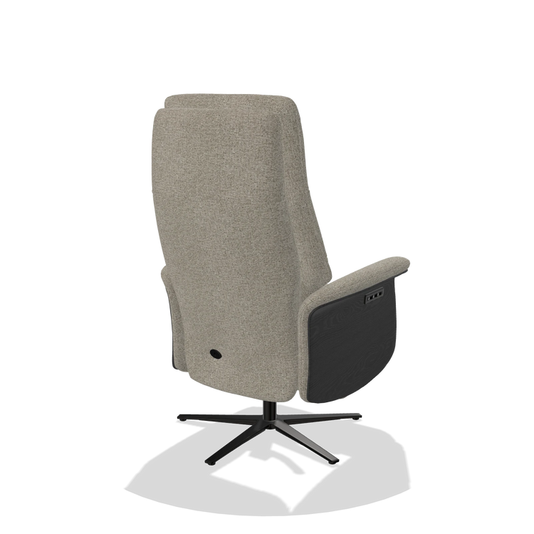 Recliner Atlas 6685 in Taurus 05 fabric (sage), black wood side panels, black metal base, back angled view