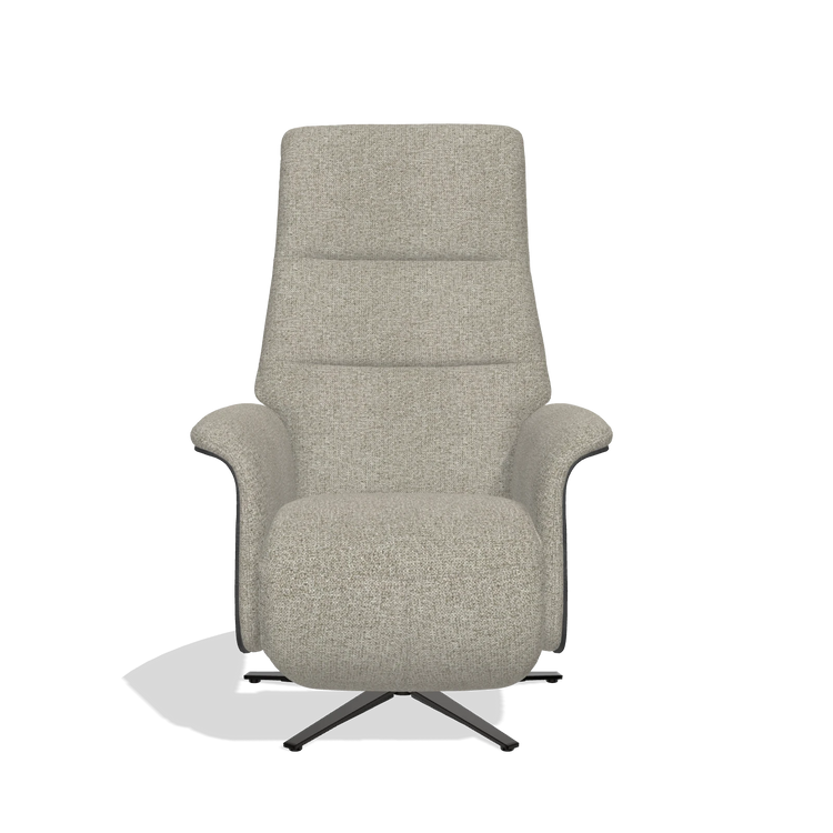 Recliner Atlas 6685 in Taurus 05 fabric (sage), black wood side panels, black metal base, front view