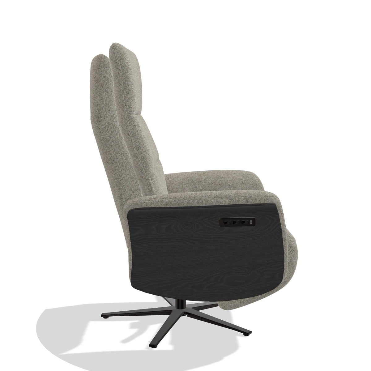 Recliner Atlas 6685 in Taurus 05 fabric (sage), black wood side panels, black metal base, side view