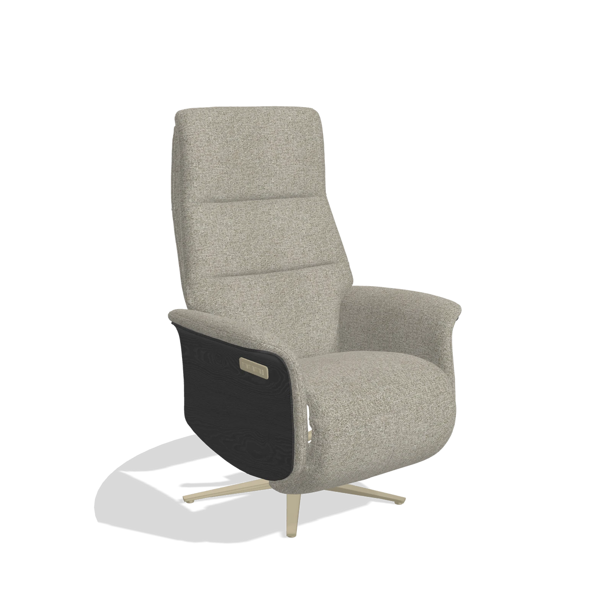 Recliner Atlas 6685 in Taurus 05 fabric (sage), black wood side panels, champagne metal base, angled view