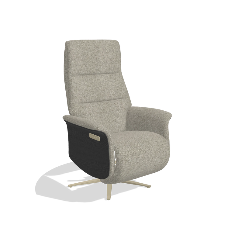 Recliner Atlas 6685 in Taurus 05 fabric (sage), black wood side panels, champagne metal base, angled view
