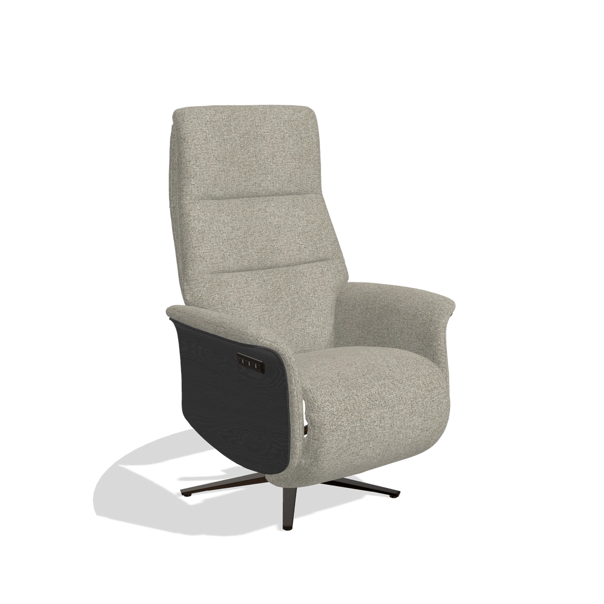 Recliner Atlas 6685 in Taurus 05 fabric (sage), black wood side panels, espresso metal base, angled view