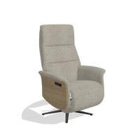 Recliner Atlas 6685 in Taurus 05 fabric (sage), natural wood side panels, black metal base, angled view