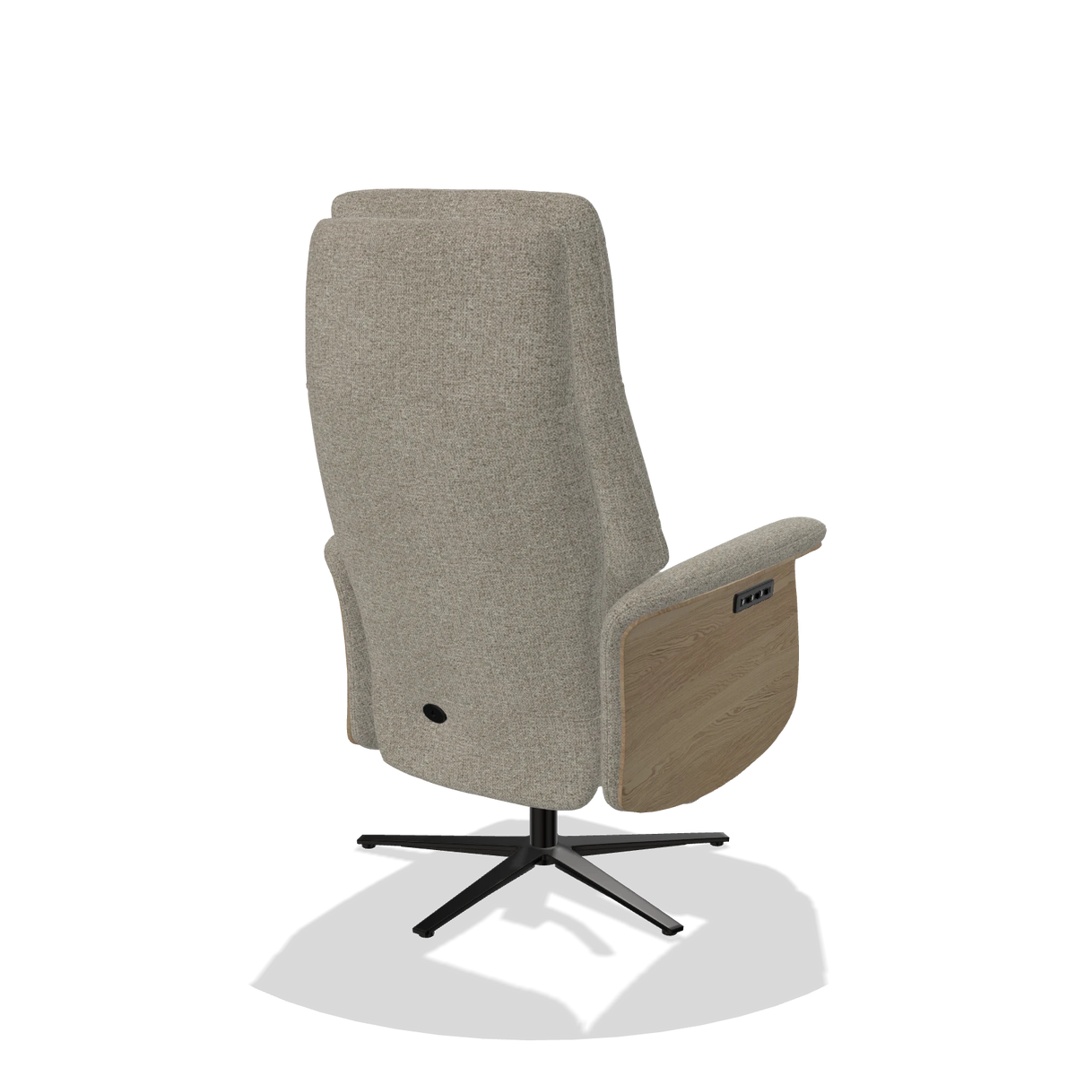 Recliner Atlas 6685 in Taurus 05 fabric (sage), natural wood side panels, black metal base, back angled view