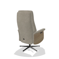 Recliner Atlas 6685 in Taurus 05 fabric (sage), natural wood side panels, black metal base, back angled view