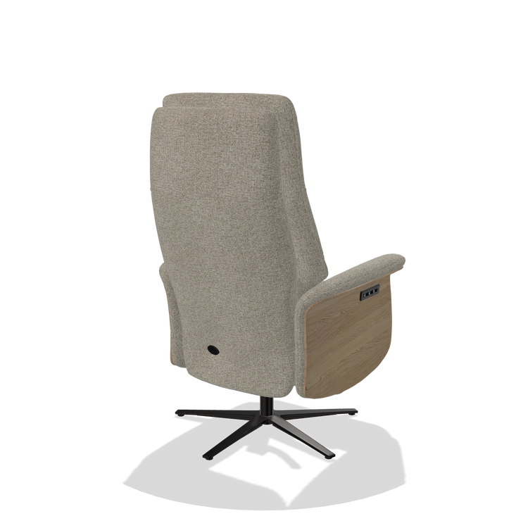Recliner Atlas 6685 in Taurus 05 fabric (sage), natural wood side panels, black metal base, back angled view