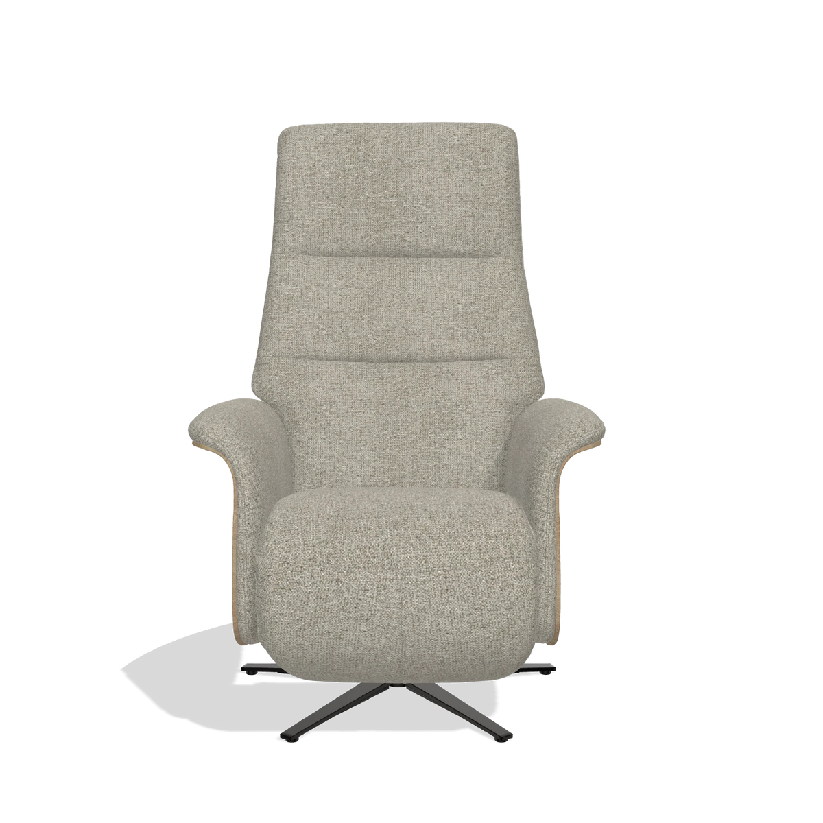Recliner Atlas 6685 in Taurus 05 fabric (sage), natural wood side panels, black metal base, front view