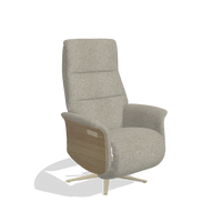 Recliner Atlas 6685 in Taurus 05 fabric (sage), natural wood side panels, champagne metal base, angled view