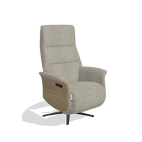 Recliner Atlas 6685 in Taurus 05 fabric (sage), natural wood side panels, espresso metal base, angled view