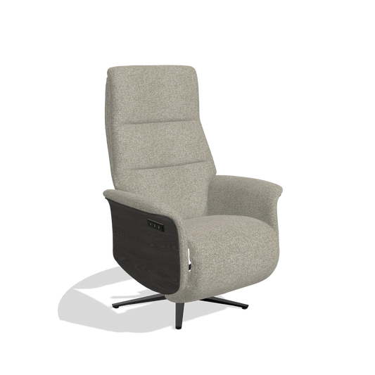 Sillón reclinable Atlas 6685 en tela Taurus 05 (verde salvia), paneles laterales de madera en tabaco, base metálica en negro, vista en ángulo