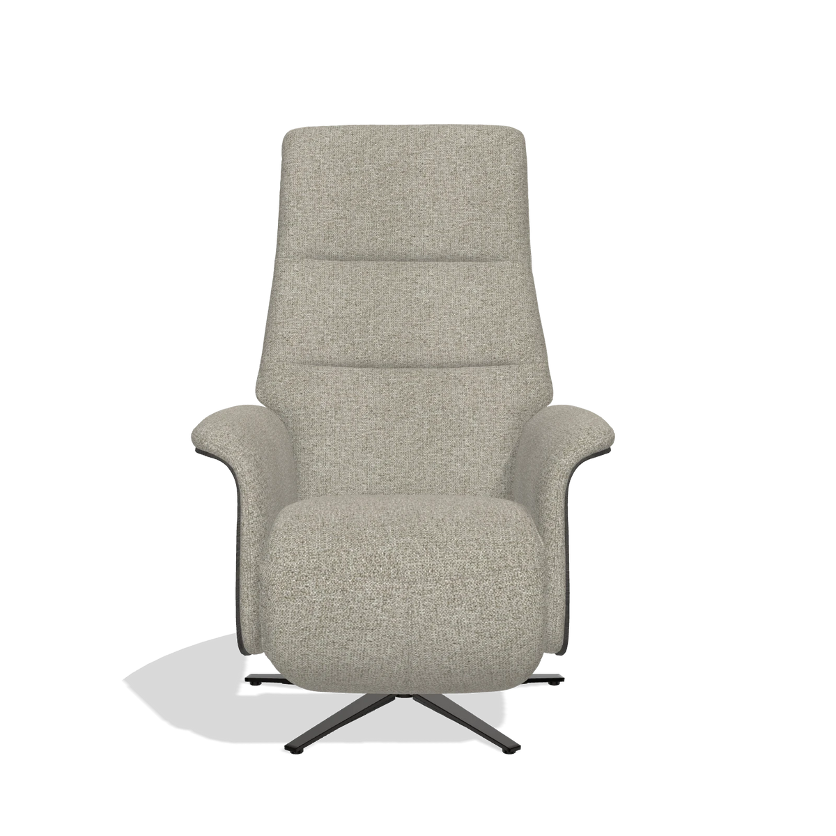 Recliner Atlas 6685 in Taurus 05 fabric (sage), tobacco wood side panels, black metal base, front view