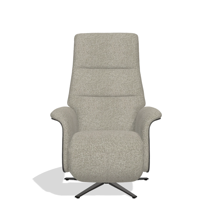 Recliner Atlas 6685 in Taurus 05 fabric (sage), tobacco wood side panels, black metal base, front view