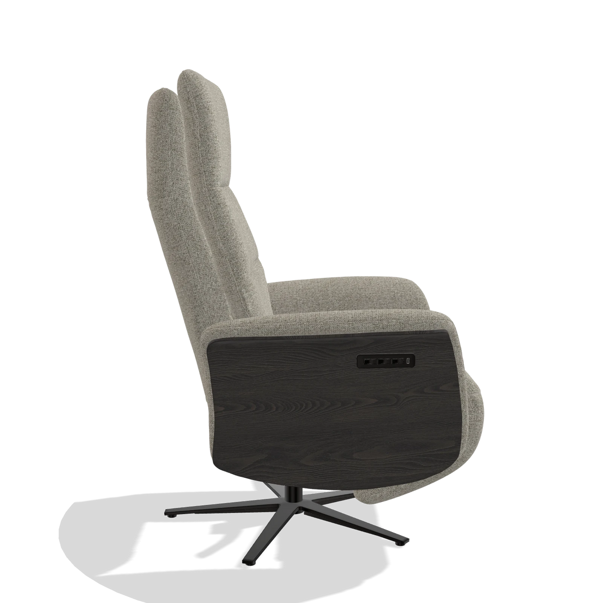 Recliner Atlas 6685 in Taurus 05 fabric (sage), tobacco wood side panels, black metal base, side view
