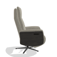 Recliner Atlas 6685 in Taurus 05 fabric (sage), tobacco wood side panels, black metal base, side view