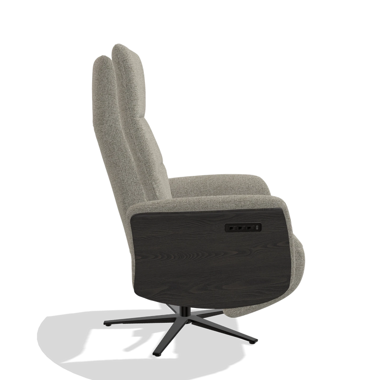Recliner Atlas 6685 in Taurus 05 fabric (sage), tobacco wood side panels, black metal base, side view