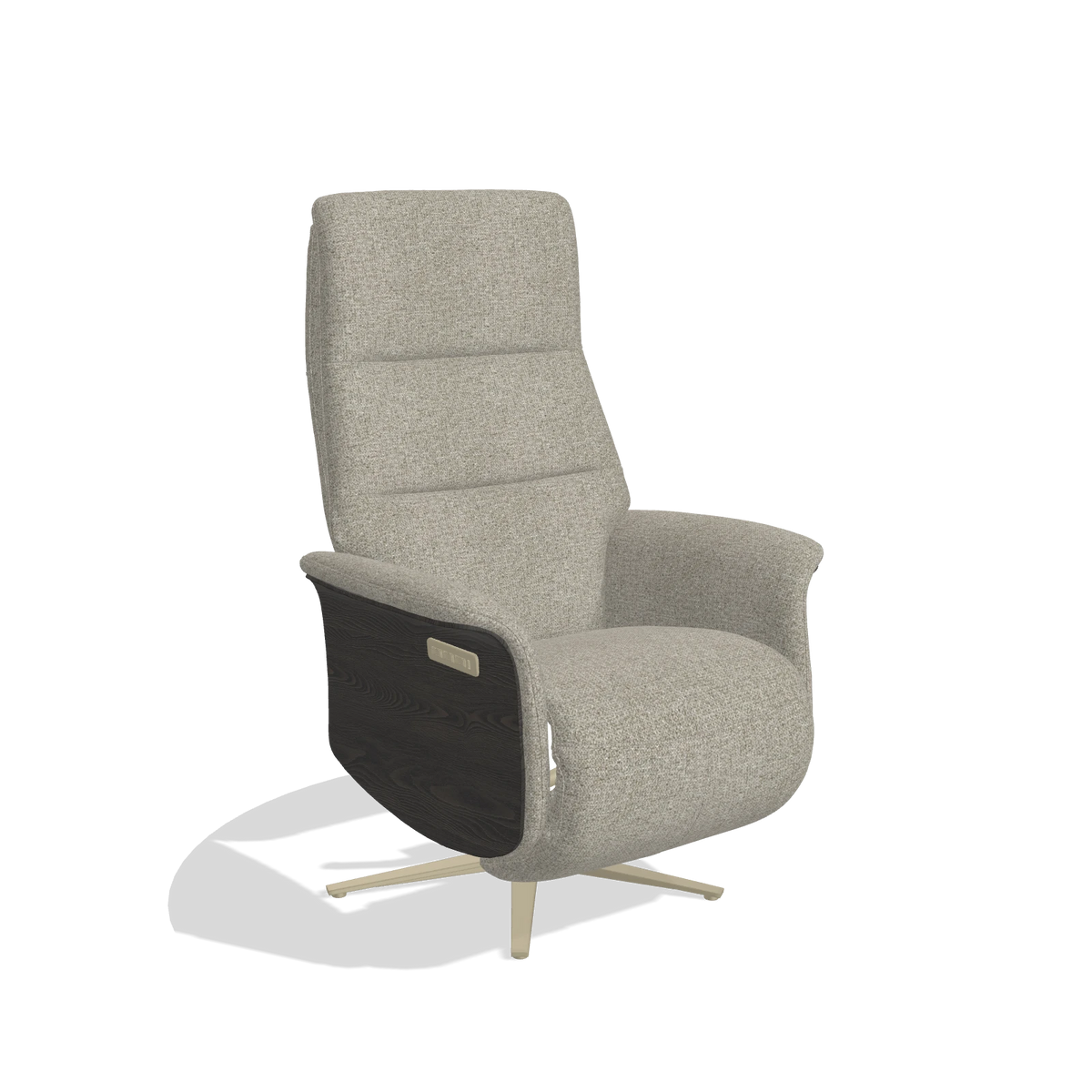 Recliner Atlas 6685 in Taurus 05 fabric (sage), tobacco wood side panels, champagne metal base, angled view