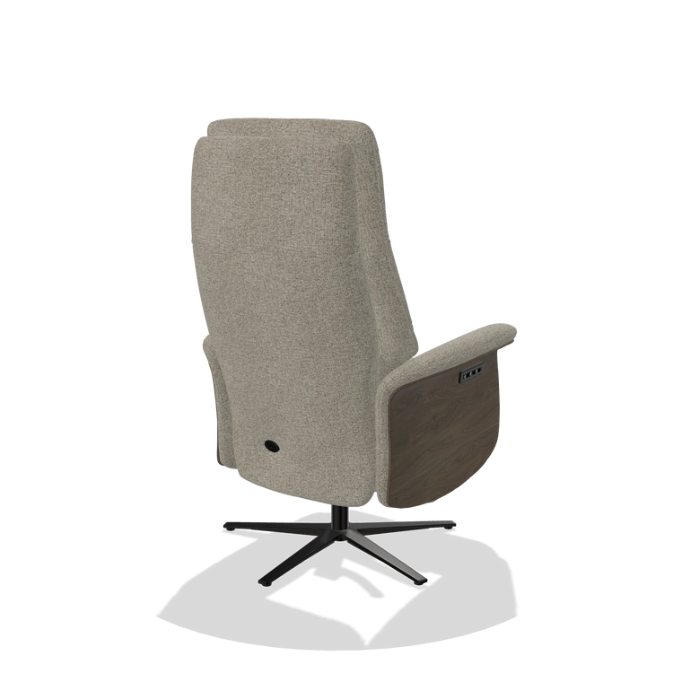 Recliner Atlas 6685 in Taurus 05 fabric (sage), walnut wood side panels, black metal base, back angled view